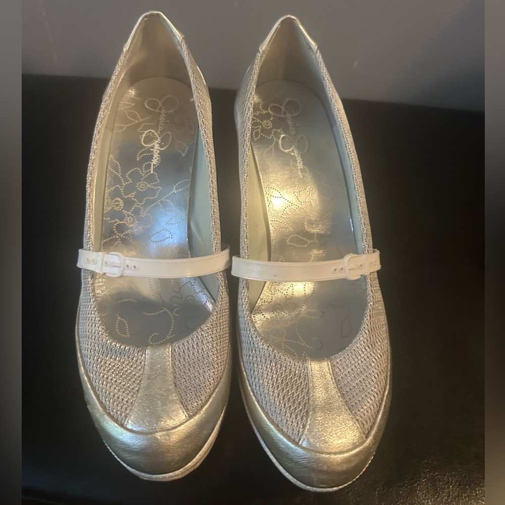 Jessica Simpson Silver Heels with Cream Strap